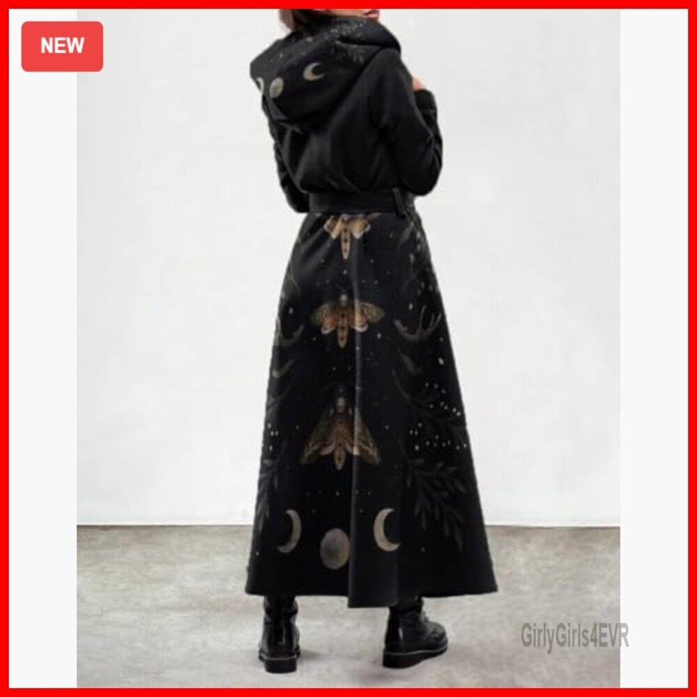 Long Fleece Trench Coat with Hood Belted Peacoat Winter Gothic Style - Picture 3 of 7